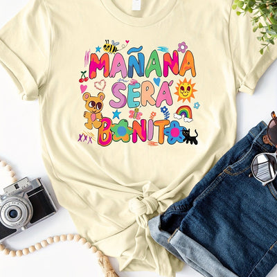 Cartoon & Colorful Letter Print T-Shirt, Short Sleeve Crew Neck Casual Top For Summer & Spring, Women's Clothing