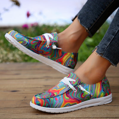 Stylish Marble Colorful Women's Canvas Sneakers - Comfortable Low Top Slip-On Flat Shoes for Casual Walking
