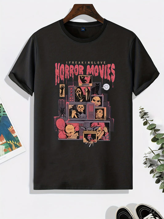 Spooky Street Style: Halloween Horror Movies Print T-Shirt - A Men's Casual Round Neck Tee for Summer