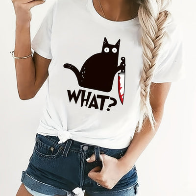 Cat Design Print Crew Neck T-Shirt: A Casual and Stylish Addition for Spring/Summer Women's Fashion