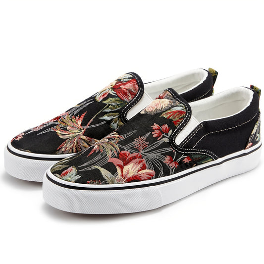 These comfortable women's sneakers feature a stylish floral pattern canvas upper and a round toe design. The lightweight construction ensures your feet are comfortable all day long, while the slip-on style makes them easy to take on and off. A perfect choice for any casual occasion.