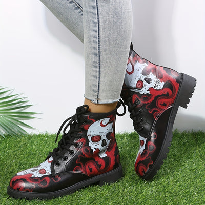 Wickedly Stylish: Women's Skull Print Combat Boots - Fashionable, Comfortable, and Perfect for Halloween