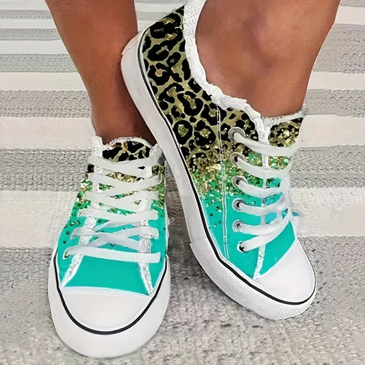 These Women's Glitter Leopard Print Canvas Shoes feature a stylish low-top design with lace-up closure for an adjustable fit. A sleek flat sole provides comfortable cushioning to help keep your feet feeling fresh all day long. The perfect addition to any outfit, these sneakers are sure to turn heads.