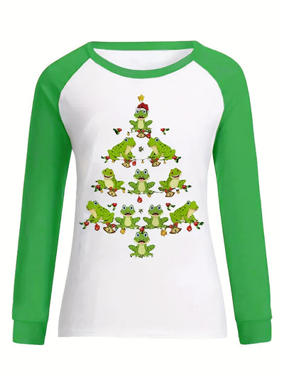 Festive and Fun: Women's Plus Size Christmas Tree Frog Print Raglan Long Sleeve Tshirt