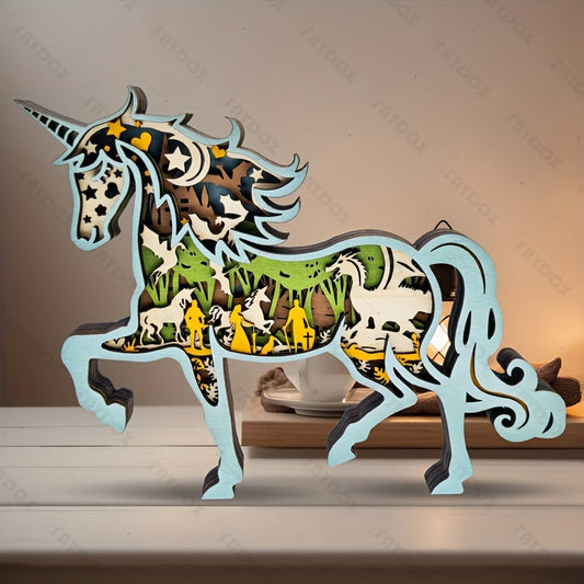 wooden artThis Unicorn Wooden Art Carving LED Night Light is the perfect enchanting decorative gift for Christmas and Halloween. With its mesmerizing glow, it adds a touch of magic to any room. Its unique wooden art carving design sets it apart from traditional lights. A must-have for any unicorn lover.