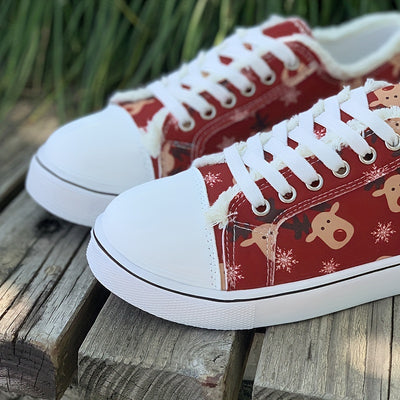 Stylish Women's Christmas Reindeer Pattern Sneakers: Trendy Raw Trim Canvas Shoes for Casual Comfort and Festive Flair