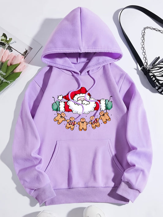 Cozy and Festive: Plus Size Christmas Casual Sweatshirt with Santa Claus and Gingerbread Print