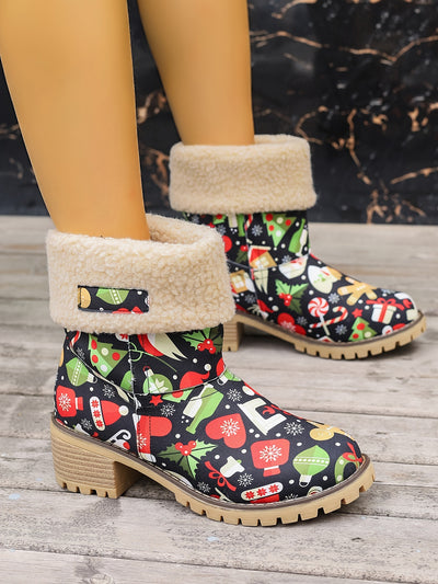 Winter Wonderland: Women's Christmas Style Snow Boots - Cozy Plush Lined Slip-On Short Boots for Thermal Outdoor Comfort