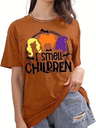 I Smell Chlldren Letter Print Crew Neck T-Shirt, Casual Short Sleeve Top For Spring & Summer, Women's Clothing