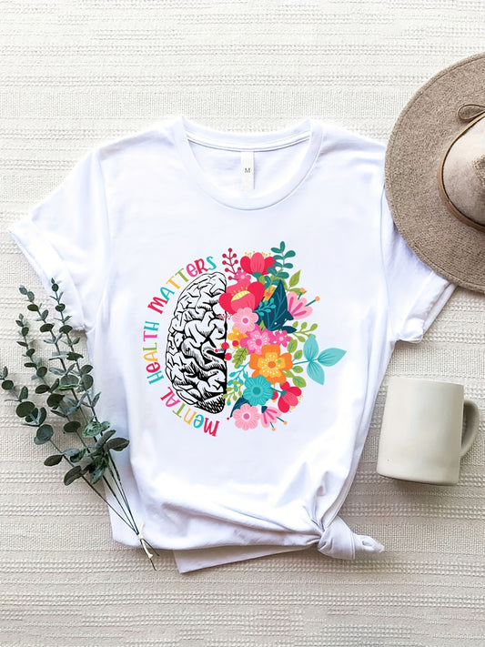 Stay stylish in the new Colorful Floral & Brain Print Crew Neck T-shirt, a casual short sleeve t-shirt for Spring & Summer. Crafted of lightweight and highly breathable fabric, you'll look great and feel cool and comfortable. Perfect for women's fashion.