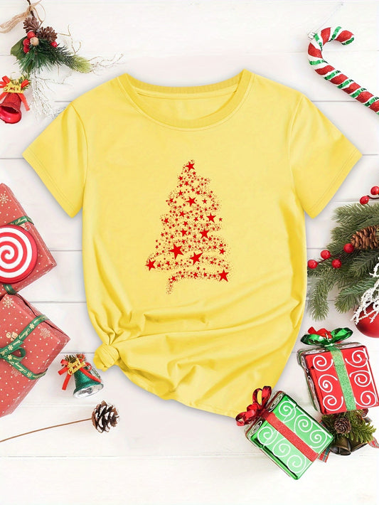 This fashionable plus size T-shirt is perfect for celebrating the holidays. Featuring a trendy tree print on a soft cotton blend, it has short sleeves and a round neckline, providing comfortable and stylish wear. A great choice for any festive occasion.
