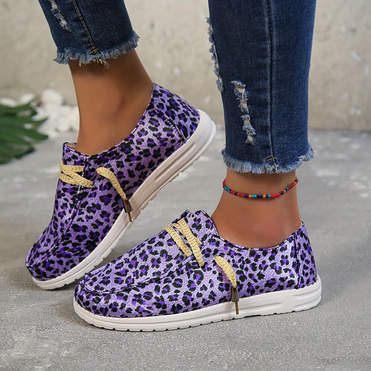 These stylish purple leopard print women's canvas shoes are specifically designed for light and comfortable wear. Featuring a unique lace-up closure, these shoes provide enhanced foot support and stability during walking and other activities. The ultra-lightweight canvas material is breathable and flexible, ensuring maximum comfort.