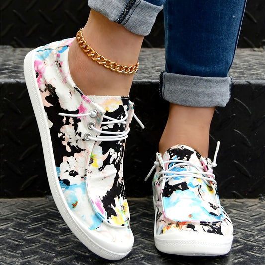 Comfy Colors Graffiti Women's Canvas Shoes - Low Top Lace Up Round Toe Flat Casual Shoes for Everyday Wear