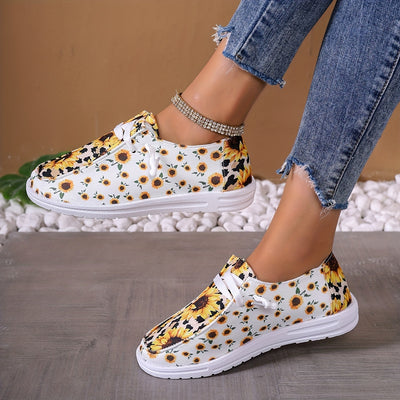 Women's Sunflower Design Pattern Canvas Shoes, Casual Lace Up Outdoor Shoes, Lightweight Low Top Sneakers