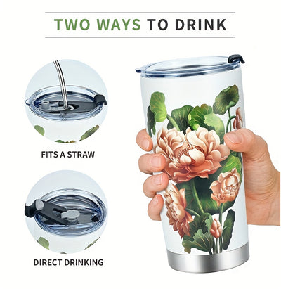 20oz Lotus Stainless Steel Car Cup: Stylish 3D Printing Pattern, Vacuum Insulation, with Straw and Lid