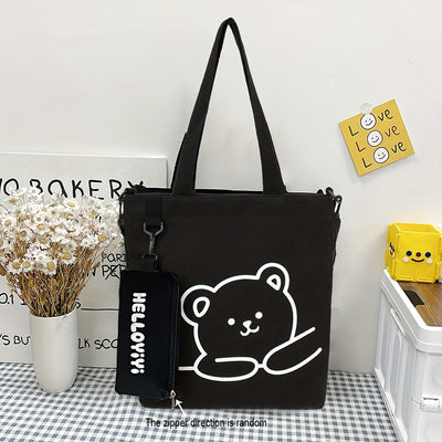 Cute Bear Adventure Crossbody Bag Set: Spacious Canvas Shoulder Bag with Little Pouch for Style and Convenience
