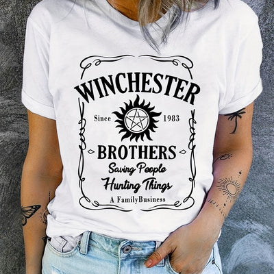 Letter Winchester Print Graphic T-Shirt, Short Sleeve Crew Neck Casual Top For Spring & Summer, Women's Clothing