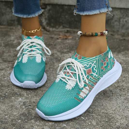 Stylish and Comfortable Women's Breathable Knitted Sports Shoes: Trendy Lace-Up Low Top Sneakers for Walking and Training