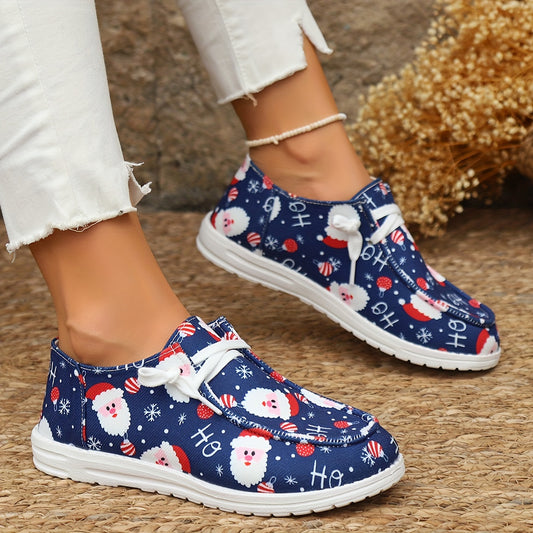 Festive Comfort: Women's Santa Claus Print Canvas Shoes - Christmas Round Toe Slip-On Loafers - Casual Low-Top Flat Sneakers