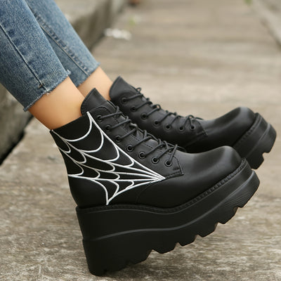 Spider Web Decor Ankle Boots: Elevate Your Style with Women's Platform Wedge Boots