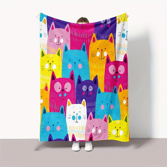 Cute Colorful Cat Pattern Flannel Blanket - Soft, Fluffy, and Warm for Bed, Sofa, and Travel - Perfect for Camping, Picnics, and Airplane Travel