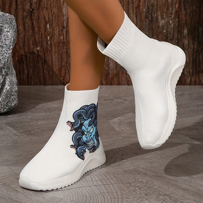 Pumpkin Devil Print Sock Boots: Spook-tacular Halloween-themed Slip-Ons for Women!