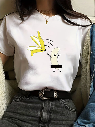 Funny Cartoon Banana Print Crew Neck T-Shirt, Casual Short Sleeve Top For Spring & Summer, Women's Clothing