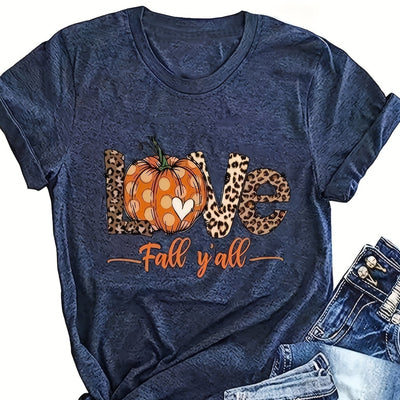 Pumpkin & Leopard Print Crew Neck T-Shirt, Casual Short Sleeve Top For Spring & Summer, Women's Clothing