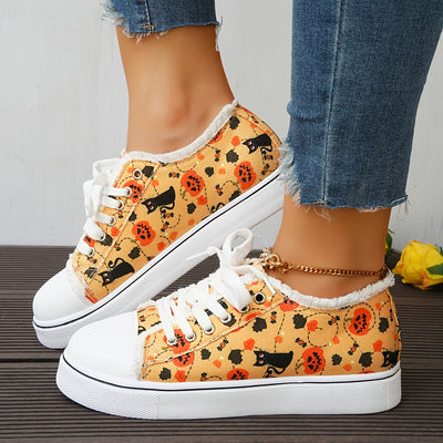 Introducing Women's Halloween Pumpkin & Black Cat Print Canvas Shoes, designed with comfort and style in mind. The breathable canvas material and cushioned inner soles are perfect for a casual stroll or an all-day trek. Get spooky with these stylish Halloween shoes!