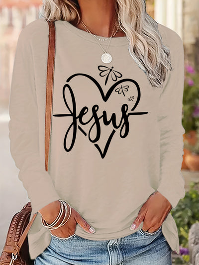 Jesus Heart Print: Women's Casual Long Sleeve Top for Spring/Fall