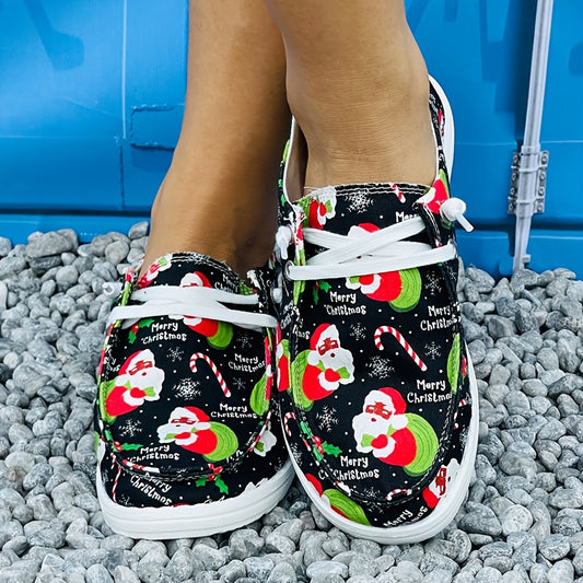 Walking into the Christmas season with these women's slip-on shoes! Featuring a festive Santa Claus print, these lightweight and comfortable canvas flats are sure to make a statement. Step into the holiday spirit with these cute, yet comfy shoes.