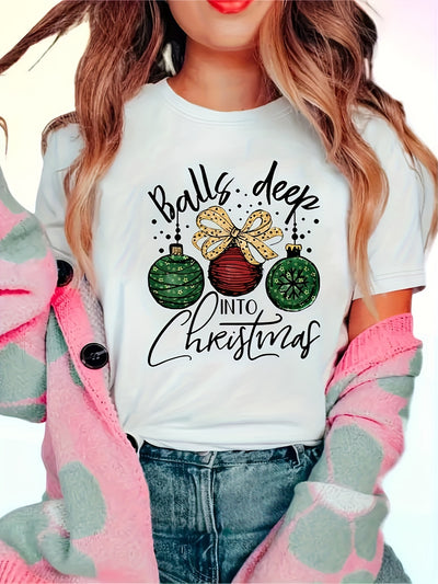 Festive and Stylish: Christmas Print T-Shirt for Women - Casual Crew Neck Short Sleeve Top
