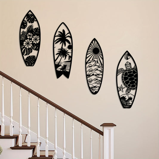 Elevate your space with Coastal Vibes: Metal Surfboard Wall Decor. Made of high-quality metal, this summer-inspired wall art features a turtle, palm tree, and surfboard design. Perfect for both indoor and outdoor use, add a touch of coastal charm to your home with this 15.8" black piece.