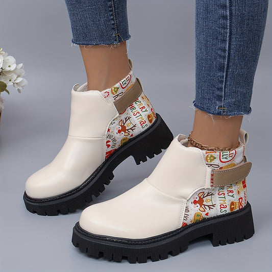 These fashionable winter ankle boots combine style and comfort with their Christmas-patterned chunky heel and soft-padded footbeds. Ideal for the winter season, they make the perfect statement accessory for any outfit.