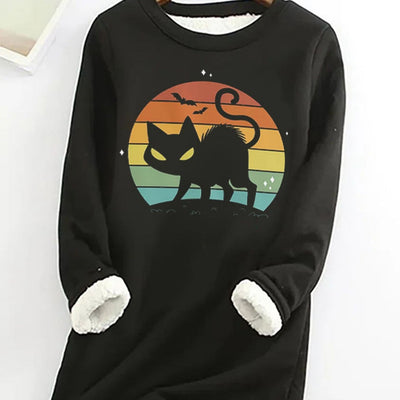 Spooky Chic: Halloween Cat Print Sweatshirt - Casual Long Sleeve Crew Neck Thermal Sweatshirt for Women's Clothing