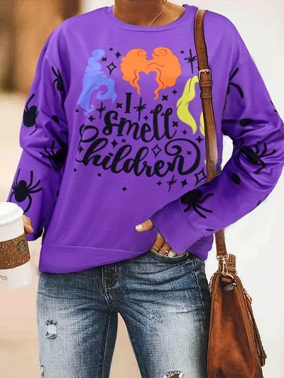 Halloween Color Graphic Art Print Sweatshirt, Casual Crew Neck Long Sleeve Sweatshirt, Women's Clothing