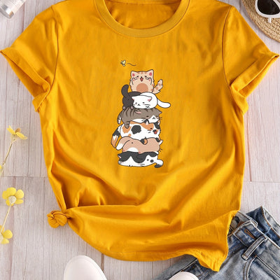 Stylish and Casual: Women's Cat Print Crew Neck T-Shirt - A Must-Have for Spring/Summer Fashion!