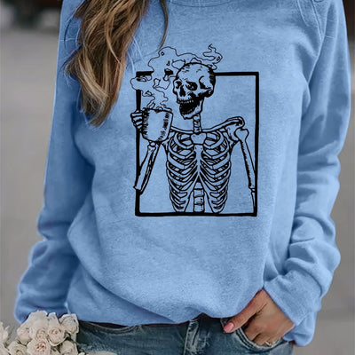 Halloween Skull Drink Graphic Print Sweatshirt, Casual Long Sleeve Crew Neck Sweatshirt, Women's Clothing