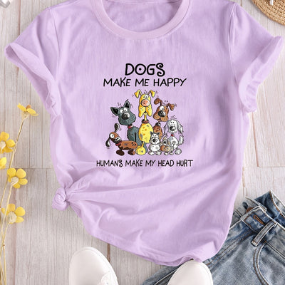 Casual and Trendy: Cartoon Dog Print Crew Neck T-Shirt for Fashionable Summer Looks