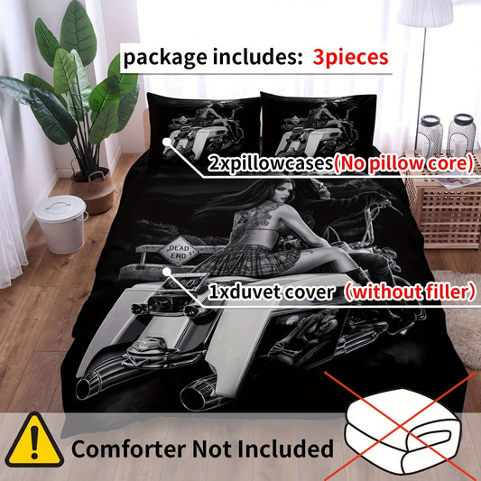 Rev Up Your Bedroom Decor with the Cool Motorcycle Skull Duvet Cover Set Dreamscape Delight(1*Duvet Cover + 2*Pillowcase, Without Core)