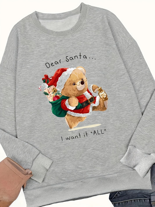 Cozy and Playful: Santa Bear Print Pullover Sweatshirt for Women