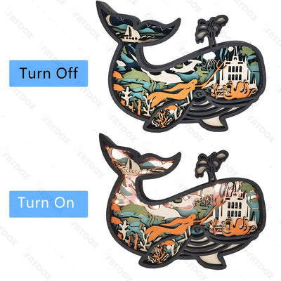 Whimsical 3D Whale Wood Carving with LED Light Strip - Exquisite Wooden Craft for Wall, Tabletop, and Home Decor - Perfect Gift for Special Occasions