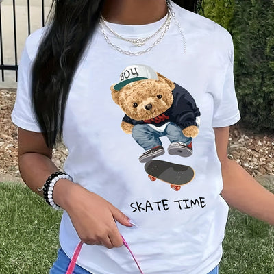 Bear Cartoon Print Crew Neck T-Shirt, Casual Short Sleeve T-Shirt For Spring & Summer, Women's Clothing