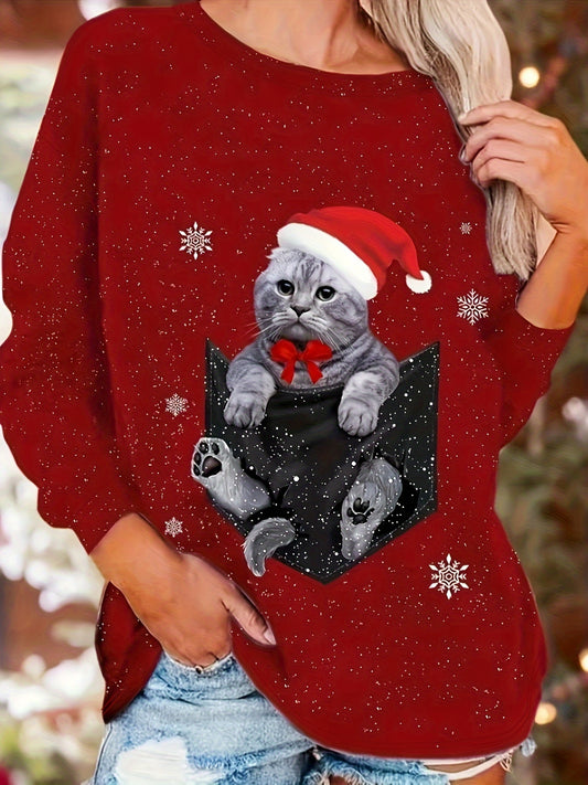 Feline Festivities: Women's Plus Size Christmas Casual Sweatshirt with Cat Print and Long Sleeves