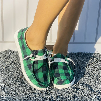 Stylish and Comfortable Women's Green Plaid Pattern Canvas Shoes: Lightweight Casual Shoes with Round Toe and Lace-Up Design