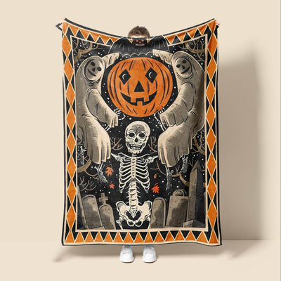 This Halloween themed print flannel blanket is the perfect way to keep warm while adding a spooky touch to any room. Composed of soft flannel fabric, the print features an eye-catching mix of skulls, ghosts, pumpkins, and tombstones. Enjoy a pleasant and cozy atmosphere with style!