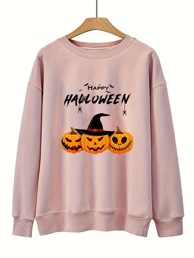 Women will love this stylish Pumpkin and Letter Print Plus Size Halloween Sweatshirt. The cozy and casual design ensures comfort with a relaxed fit and lightweight fabric, perfect for fall and winter fashion. The festive print makes it a must-have for Halloween celebrations.