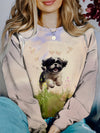 Puppy Print Perfection: A Cozy Companion for Fall and Winter - Women's Casual Long Sleeve Crew Neck Sweatshirt