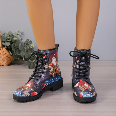 Festive and Fashionable: Women's Christmas Style Combat Boots with Santa Claus & Reindeer Pattern