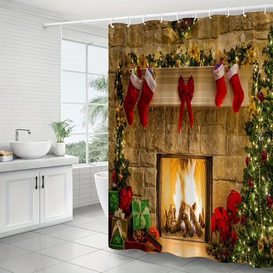 Transform your bathroom into a holiday haven with our Festive Christmas Shower Curtain. Made from machine washable polyester fabric, it features a charming design of a Christmas tree, fireplace, and red socks. Easy to install with included hooks, this curtain is the perfect decoration for the holiday season.